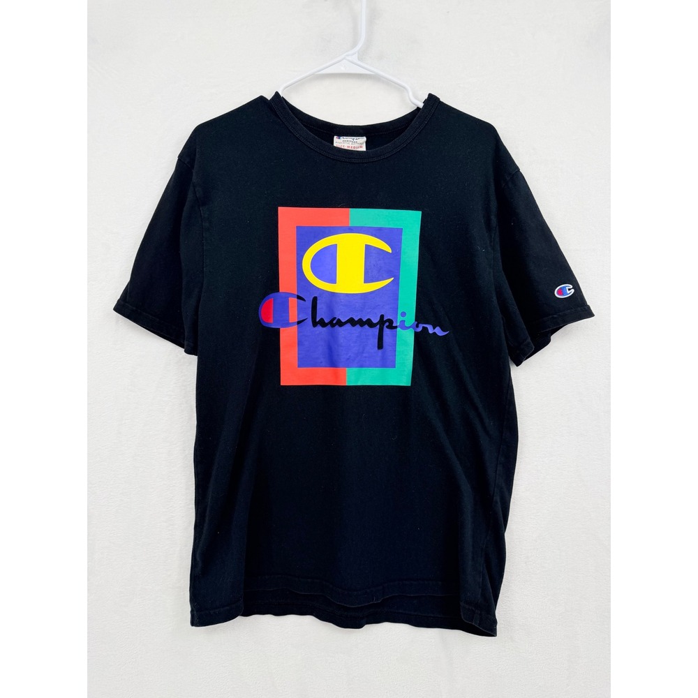 Champion Heritage Athletic Apparel Mens M T-Shirt Black Multi Color Block Logo